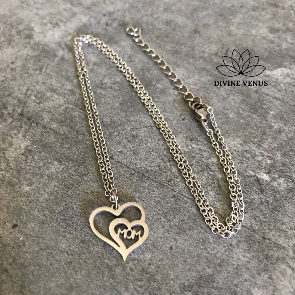 Mom Double Heart Stainless Steel Necklace | Handmade - Picture 8 of 11